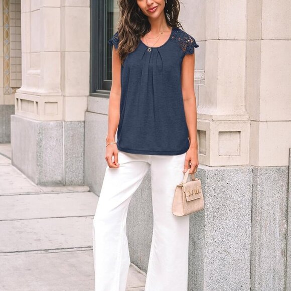 Chic Loose-Fit Lace Sleeve Top - Perfect for Business Casual and Summer Layers - Picture 5 of 5